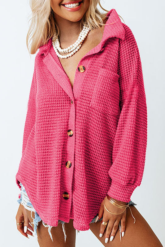 Pink Waffle Knit Button Up Casual Shirt Pink 1-2-2-2-1 95%Polyester+5%Elastane Blouses & Shirts JT's Designer Fashion