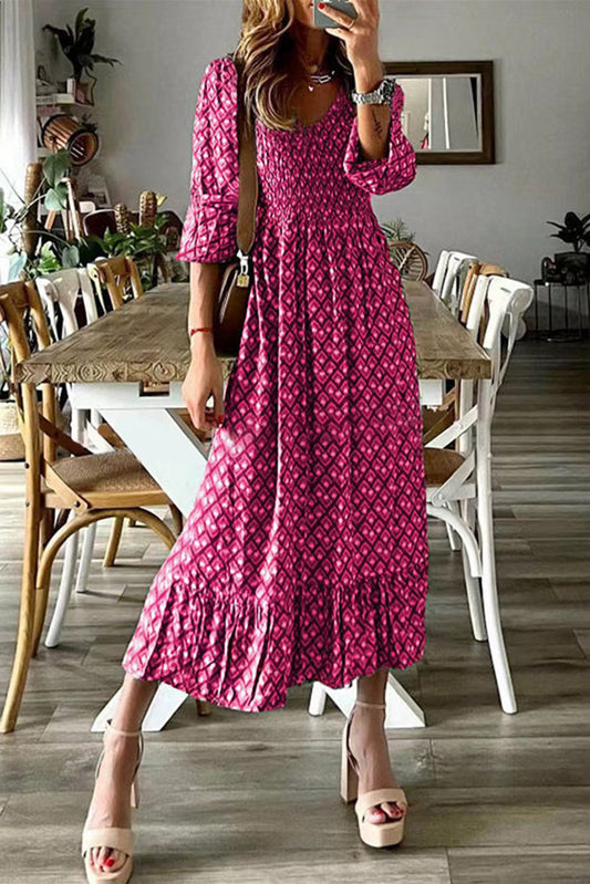 Barbie Style Pink Geometric Print Shirred V Neck High Waist Long Dress Dresses JT's Designer Fashion