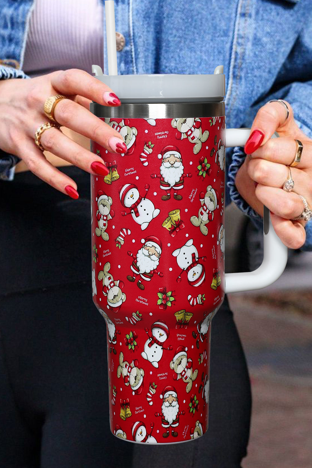 Fiery Red Christmas Pattern Print Handled Stainless Steel Tumblers Tumblers JT's Designer Fashion
