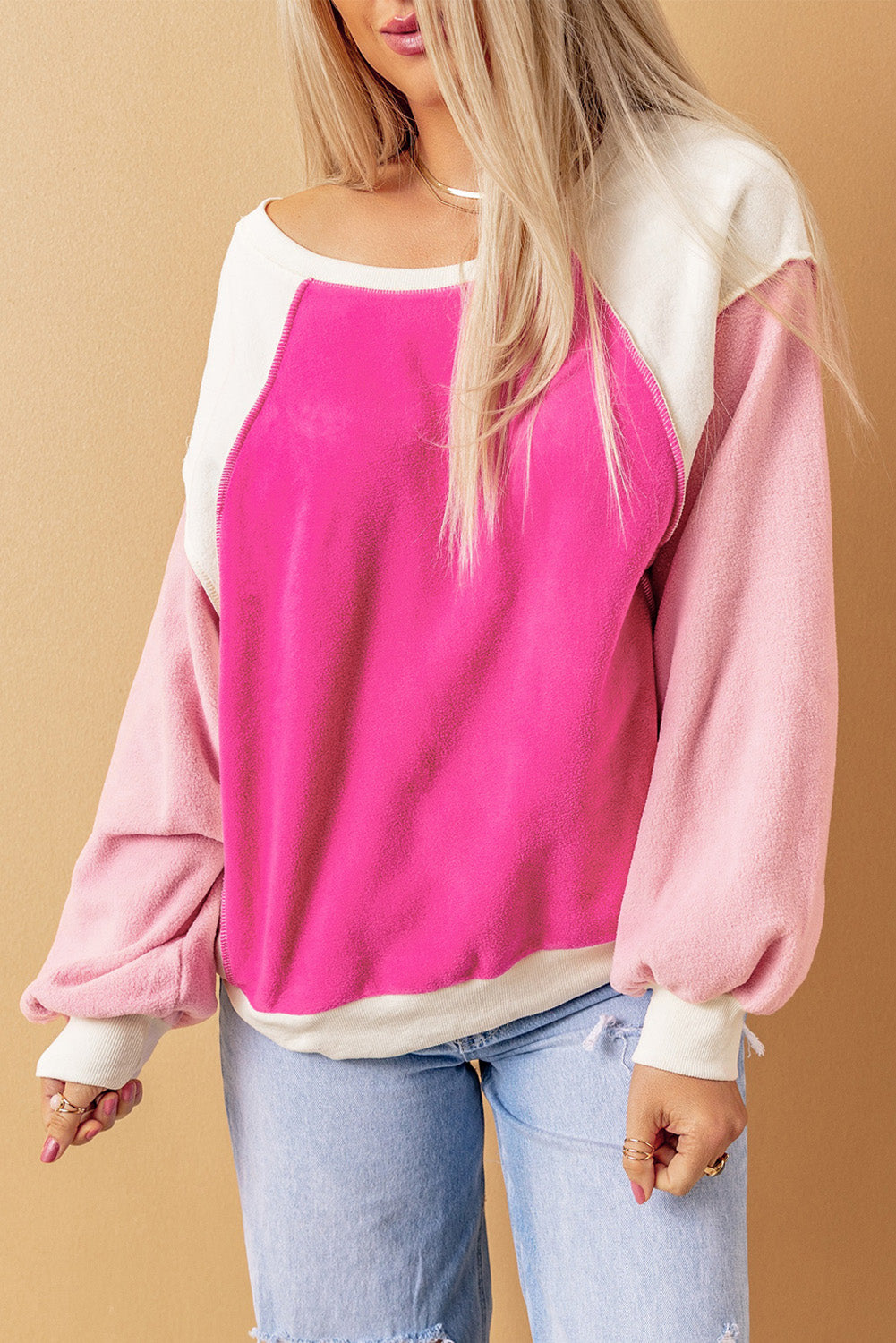 Barbie Style Rose Colorblock Long Sleeve Pullover Fleece Sweatshirt Sweatshirts & Hoodies JT's Designer Fashion