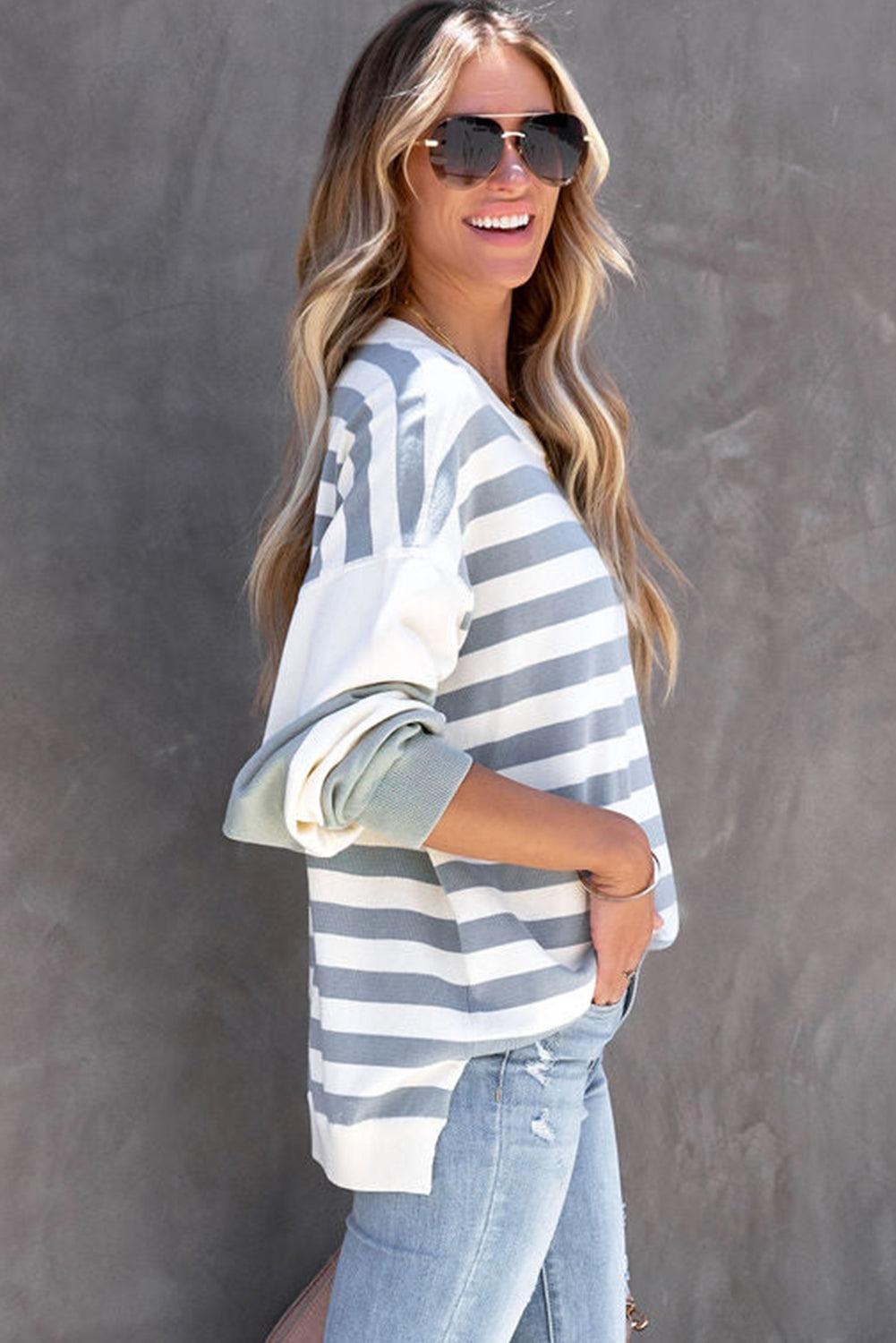 Stripe Drop Shoulder Striped Pullover Sweatshirt Sweatshirts & Hoodies JT's Designer Fashion