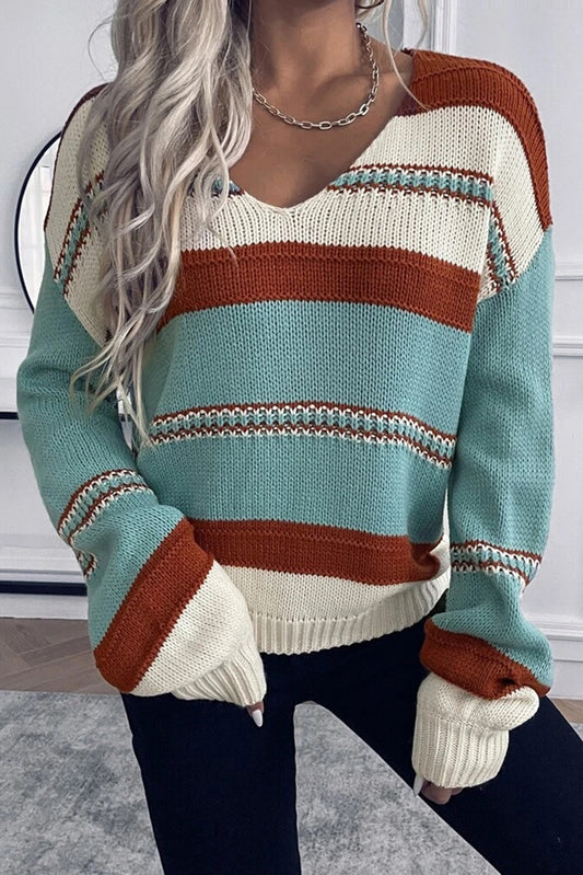 Sky Blue Striped Pattern Knit V Neck Sweater Pre Order Sweaters & Cardigans JT's Designer Fashion