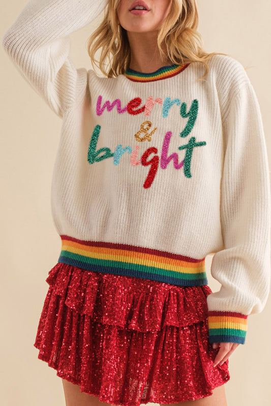 Bright White Merry & Bright Colorful Stripes Trim Sweater Sweaters & Cardigans JT's Designer Fashion