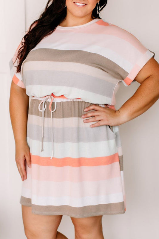 Striped Print Drawstring Short Sleeve Plus Size Dress Stripe 95%Polyester+5%Elastane Plus Size Dresses JT's Designer Fashion