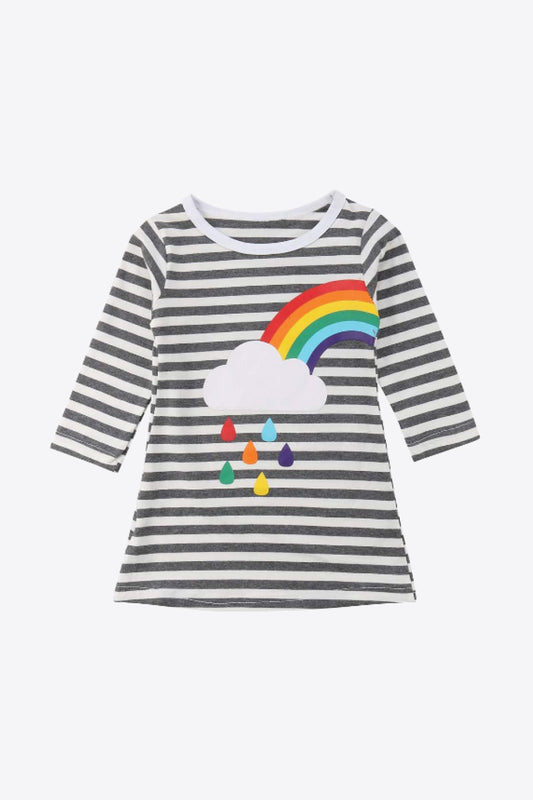 Girls Rainbow Graphic Striped Long Sleeve Dress Stripe Girls Dresses JT's Designer Fashion
