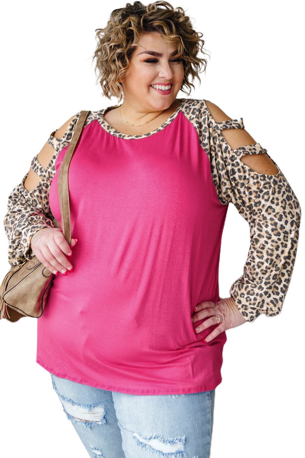 Rose Plus Size Ladder Hollow-out Cheetah Sleeve Top Plus Size Tops JT's Designer Fashion