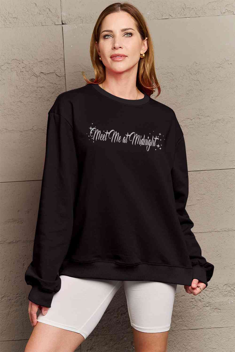 Simply Love Full Size MEET ME AT MIDNIGHT Graphic Round Neck Sweatshirt Black Graphic Sweatshirts JT's Designer Fashion