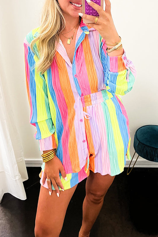 Multicolor Rainbow Stripe Crinckle Shirt and Shorts Outfit Bottoms JT's Designer Fashion