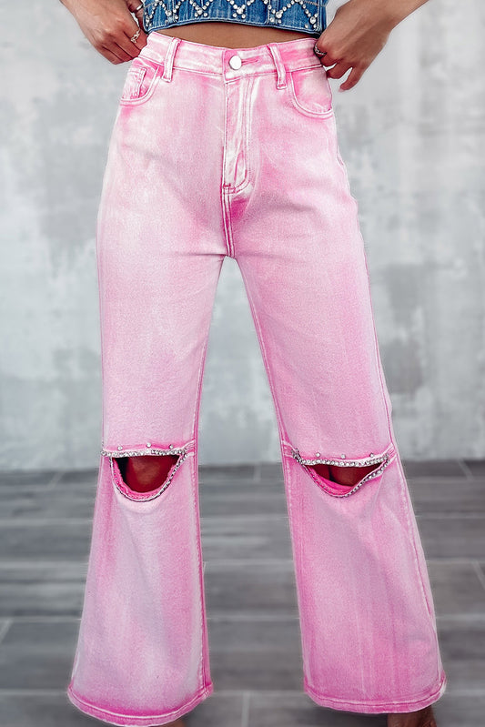 Barbie Style Pink Rhinestone Cutout Wide Leg Jeans Bottoms JT's Designer Fashion