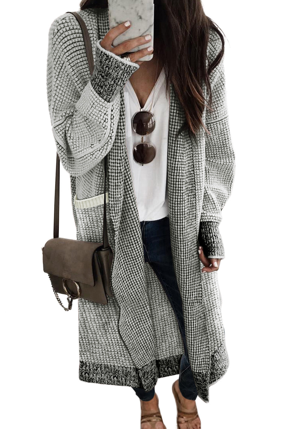 Gray Waffle Knit Pocketed Duster Cardigan Sweaters & Cardigans JT's Designer Fashion