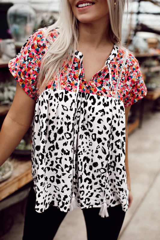 Leopard Mix Print Tassel Tie Blouse Blouses & Shirts JT's Designer Fashion