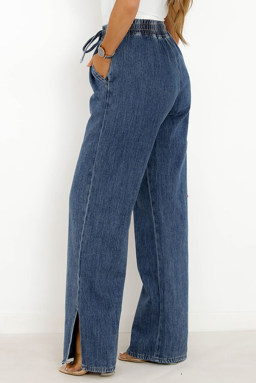 Dark Blue Drawstring Elastic Waist Wide Leg Jeans Pre Order Bottoms JT's Designer Fashion