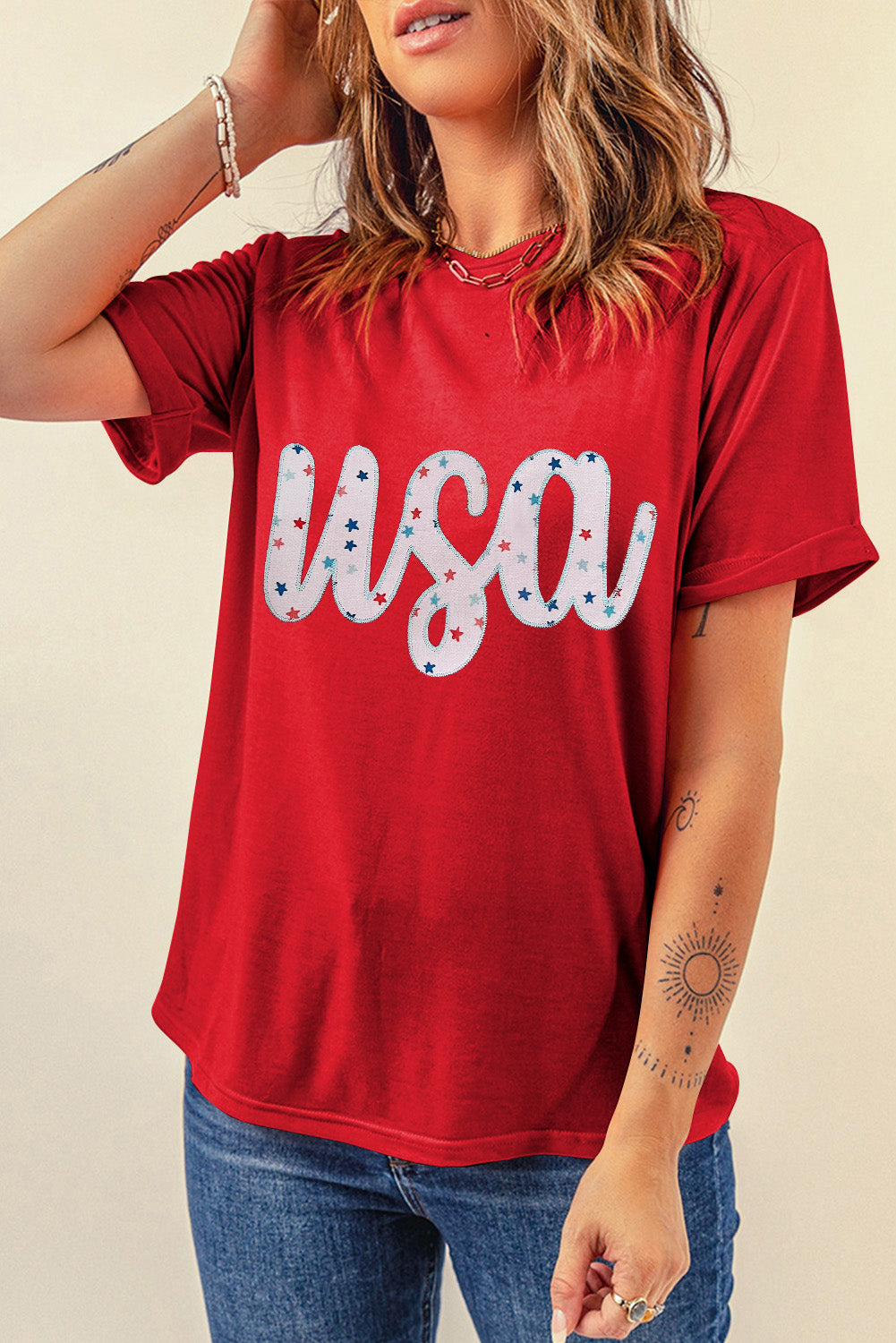 Red Starry usa Graphic Crewneck T Shirt Graphic Tees JT's Designer Fashion