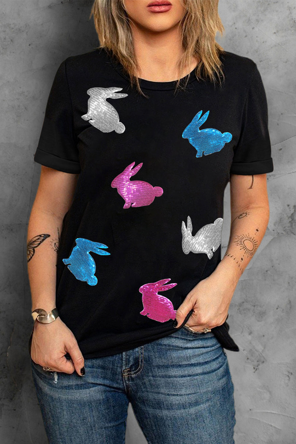 Black Glitter Easter Bunny Round Neck T-shirt Graphic Tees JT's Designer Fashion
