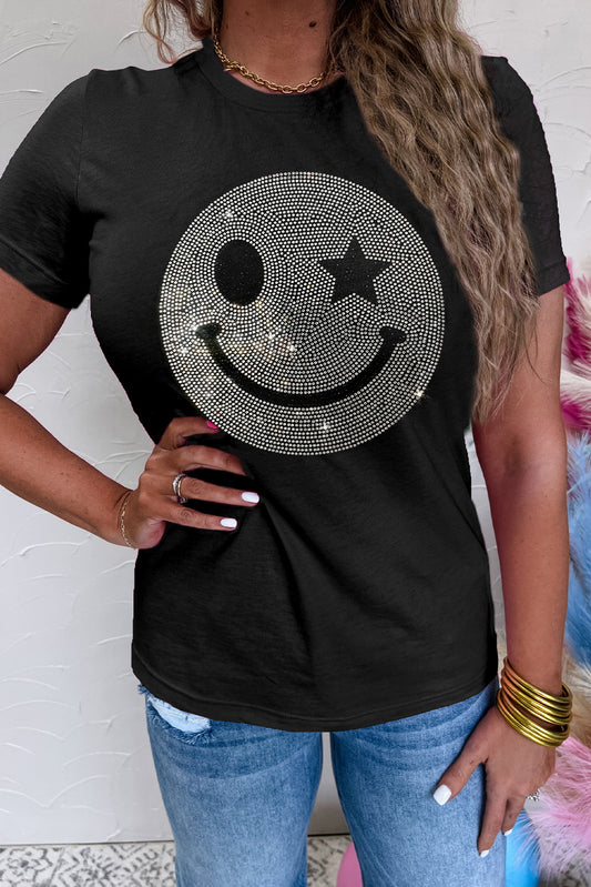 Black Sparkle Rhinestone Smile Face Graphic T Shirt Graphic Tees JT's Designer Fashion
