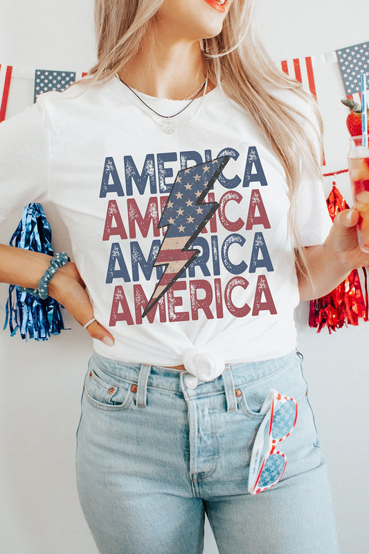White AMERICA Flag Lightning Graphic Tee Graphic Tees JT's Designer Fashion