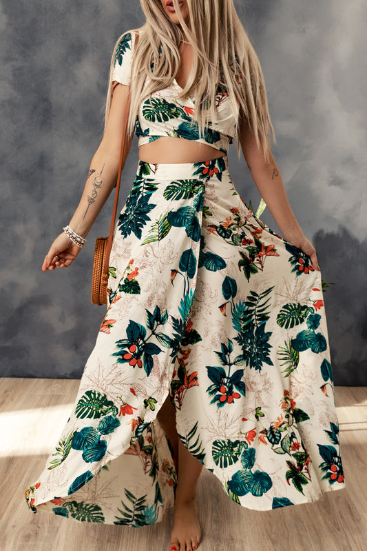 Apricot Tropical Print Crop Top and Maxi Skirt Set Two Piece Dresses JT's Designer Fashion