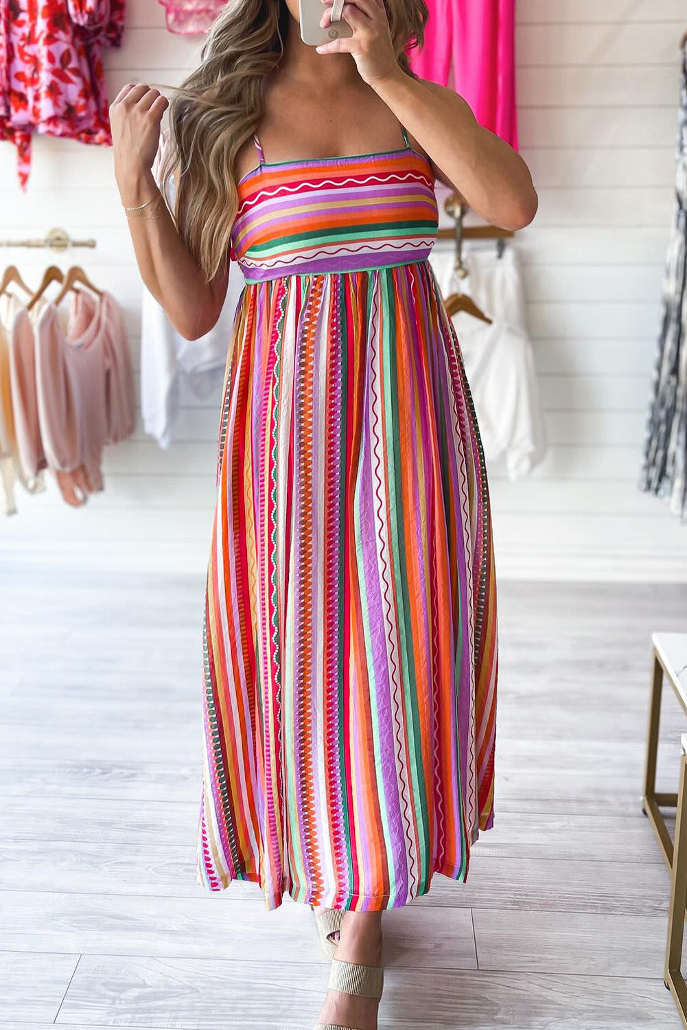 Multicolour Striped Thin Straps Smocked Back Boho Maxi Dress Pre Order Dresses JT's Designer Fashion