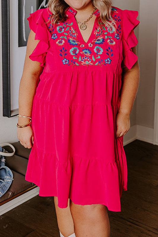 Strawberry Pink Floral Embroidered Ruffled Short Sleeve Tiered Plus Mini Dress Pre Order Plus Size JT's Designer Fashion