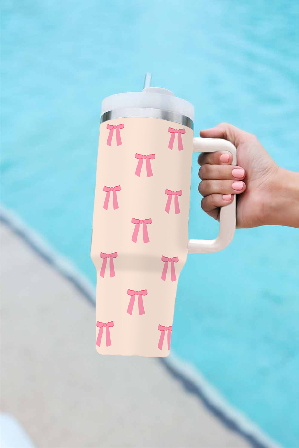 Beige Bow Knot Print Stainless Steel Handled Tumbler 40oz Tumblers JT's Designer Fashion