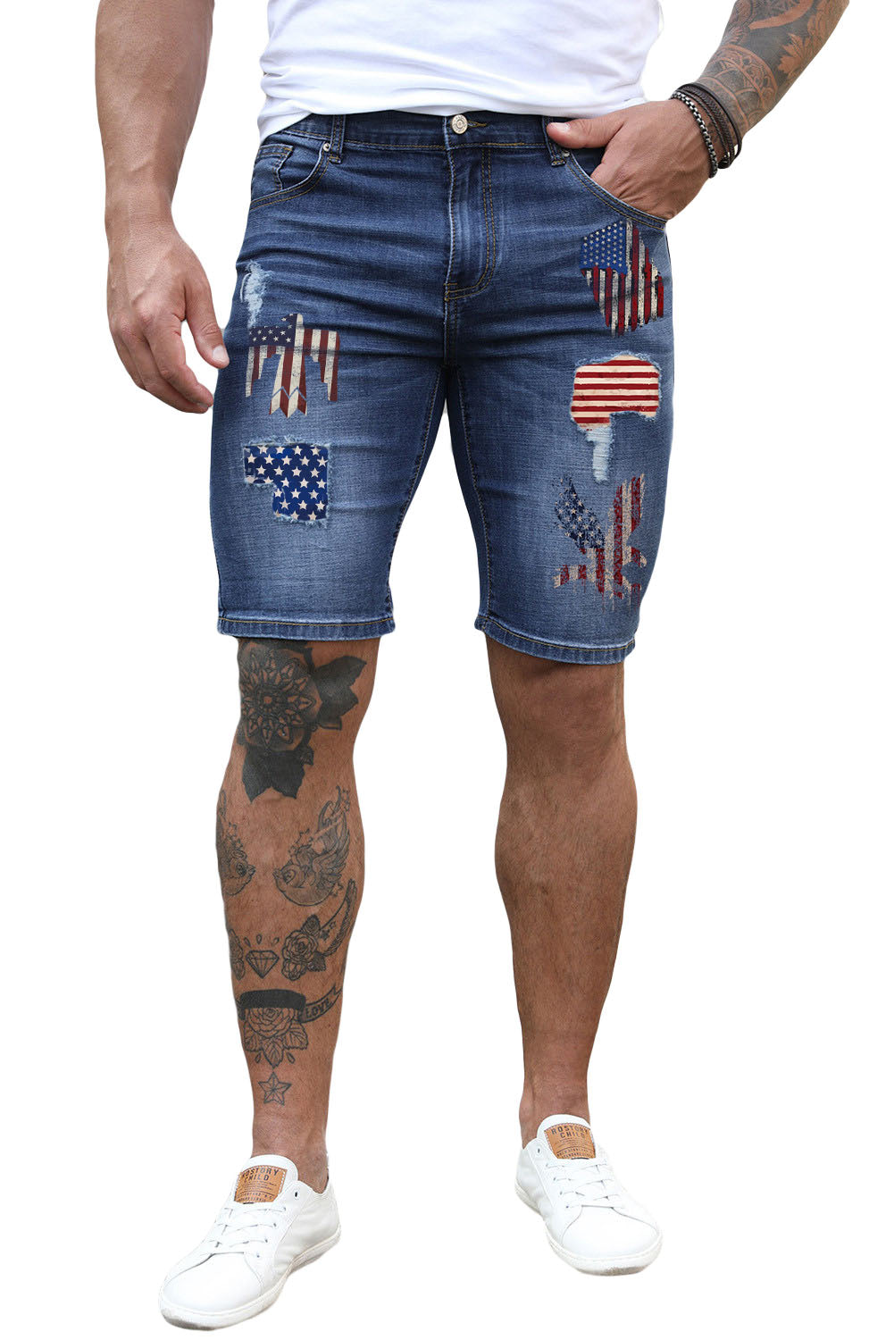 Blue American Flag Pattern Patchwork Muscle Fit Men's Jeans Men's Pants JT's Designer Fashion
