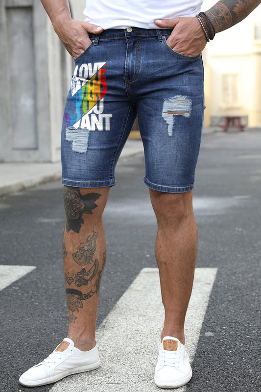Blue Love Who You Want Print Men's Ripped Short Jeans Blue 70%Cotton 29%Polyester 1%Elastane Men's Pants JT's Designer Fashion