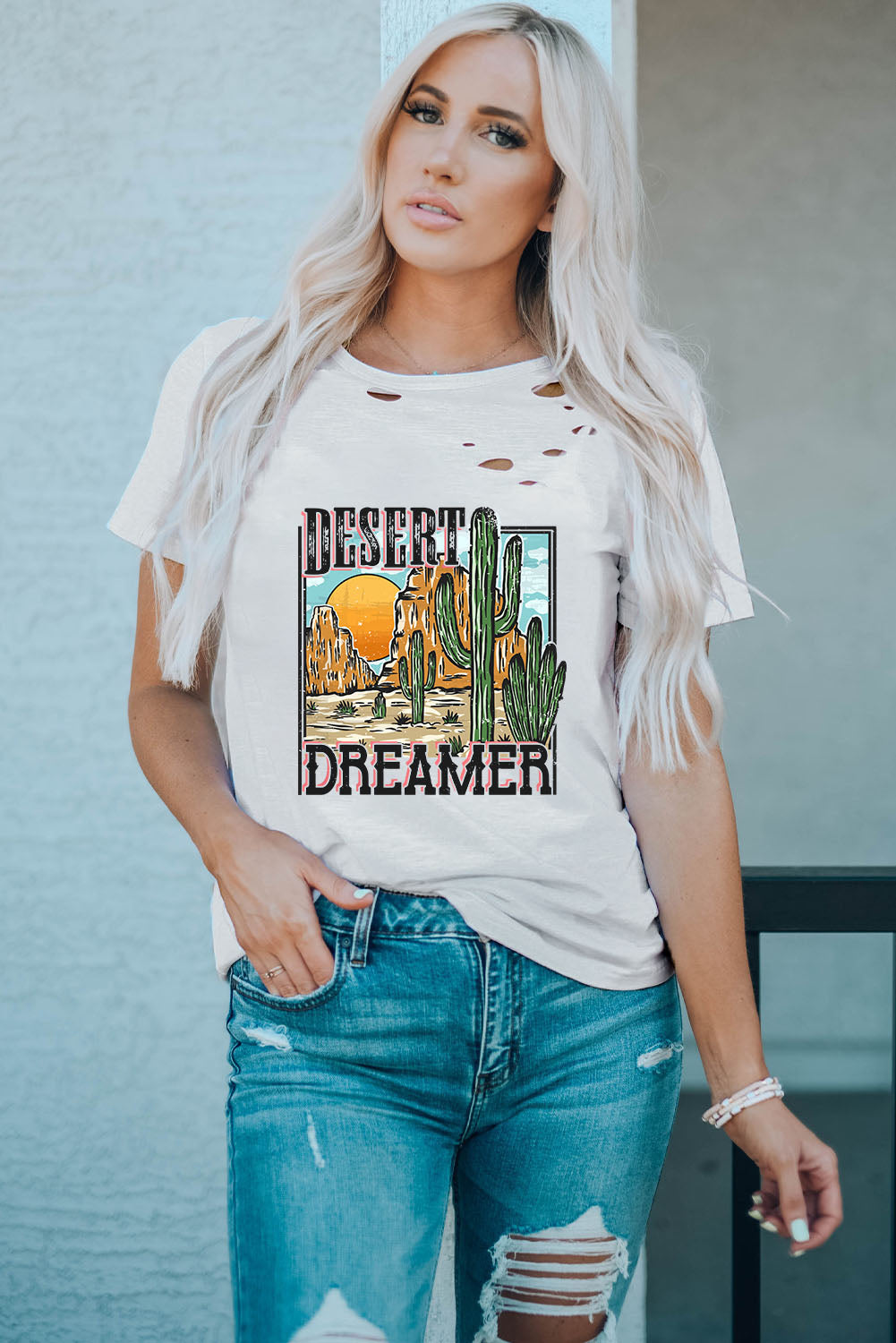 White DESERT DREAMER Western Cactus Print Ripped T Shirt Graphic Tees JT's Designer Fashion