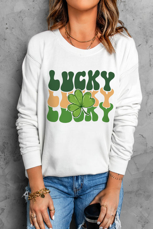 White St. Patrick LUCKY Clover Graphic Print Pullover Sweatshirt Graphic Sweatshirts JT's Designer Fashion