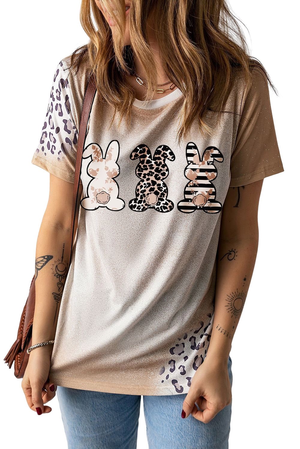 Khaki Easter Bunny Leopard Bleached Print Graphic Tee Graphic Tees JT's Designer Fashion