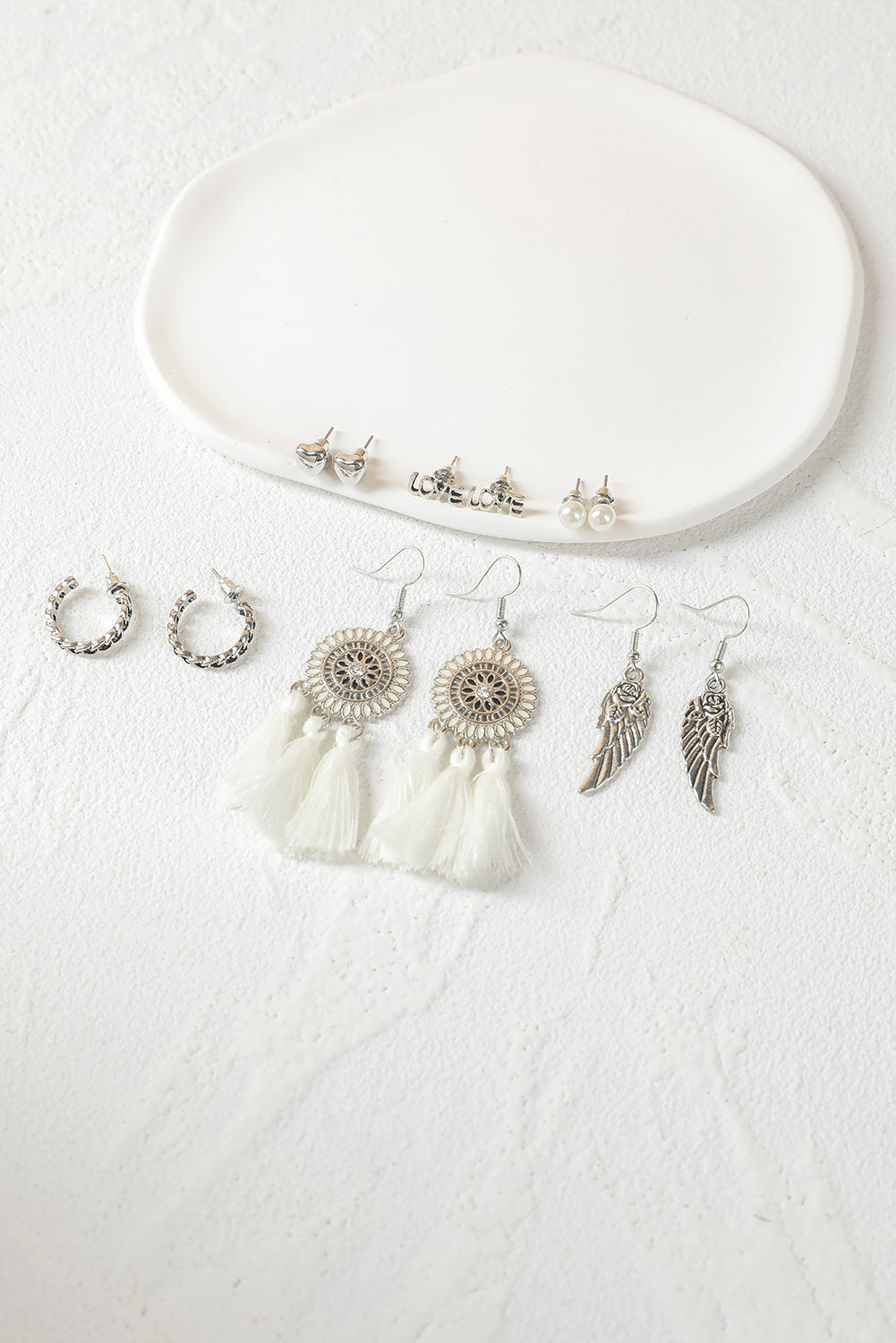 White 6pcs Set Boho Inspired Tassel Pearl Earrings Jewelry JT's Designer Fashion