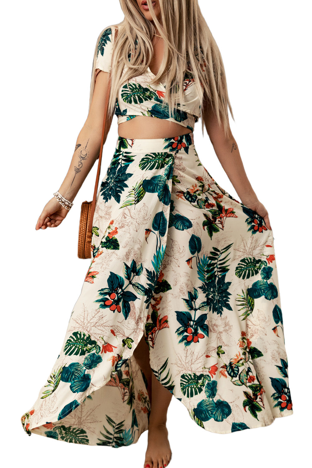 Apricot Tropical Print Crop Top and Maxi Skirt Set Two Piece Dresses JT's Designer Fashion