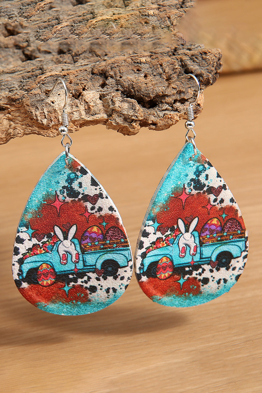 Sky Blue Easter Day Colorblock Bunny Print Pu Leather Drop Earrings Jewelry JT's Designer Fashion