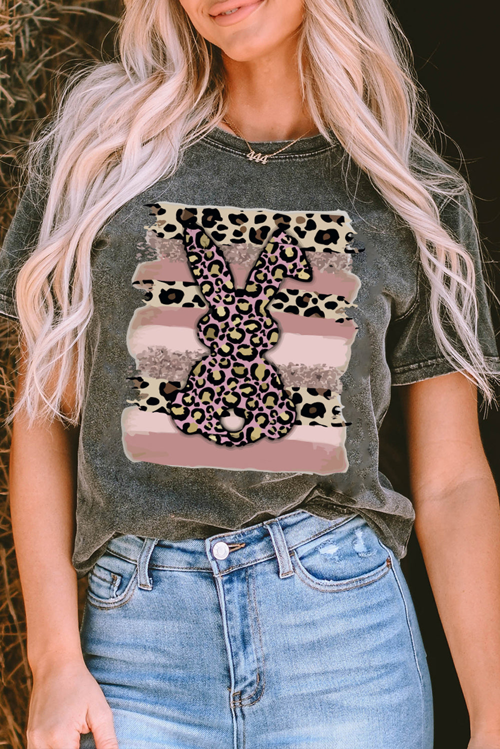 Black Easter Rabbit Leopard Mineral Wash Graphic T Shirt Graphic Tees JT's Designer Fashion
