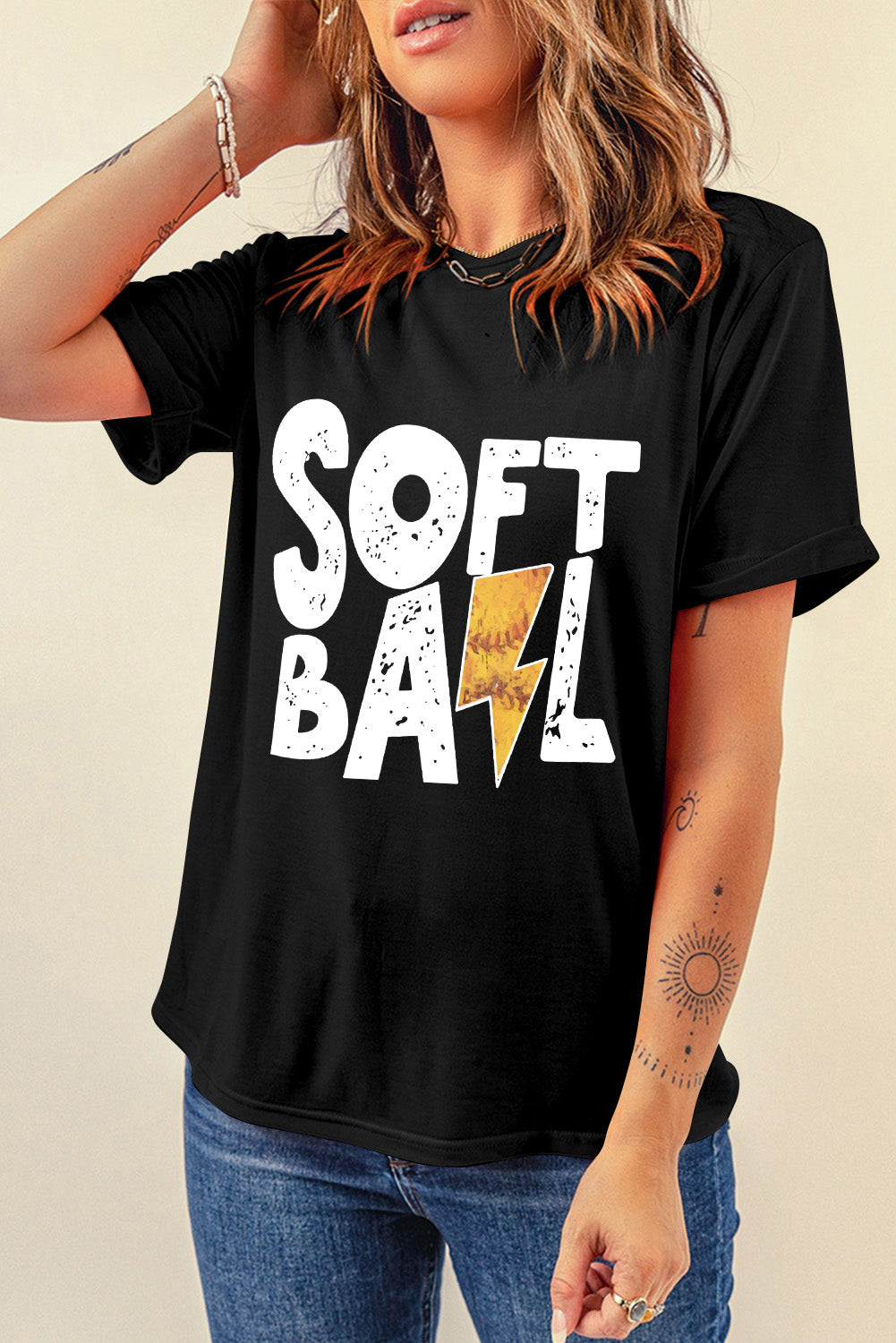 Black SOFT BALL Chic Letter Graphic T Shirt Graphic Tees JT's Designer Fashion