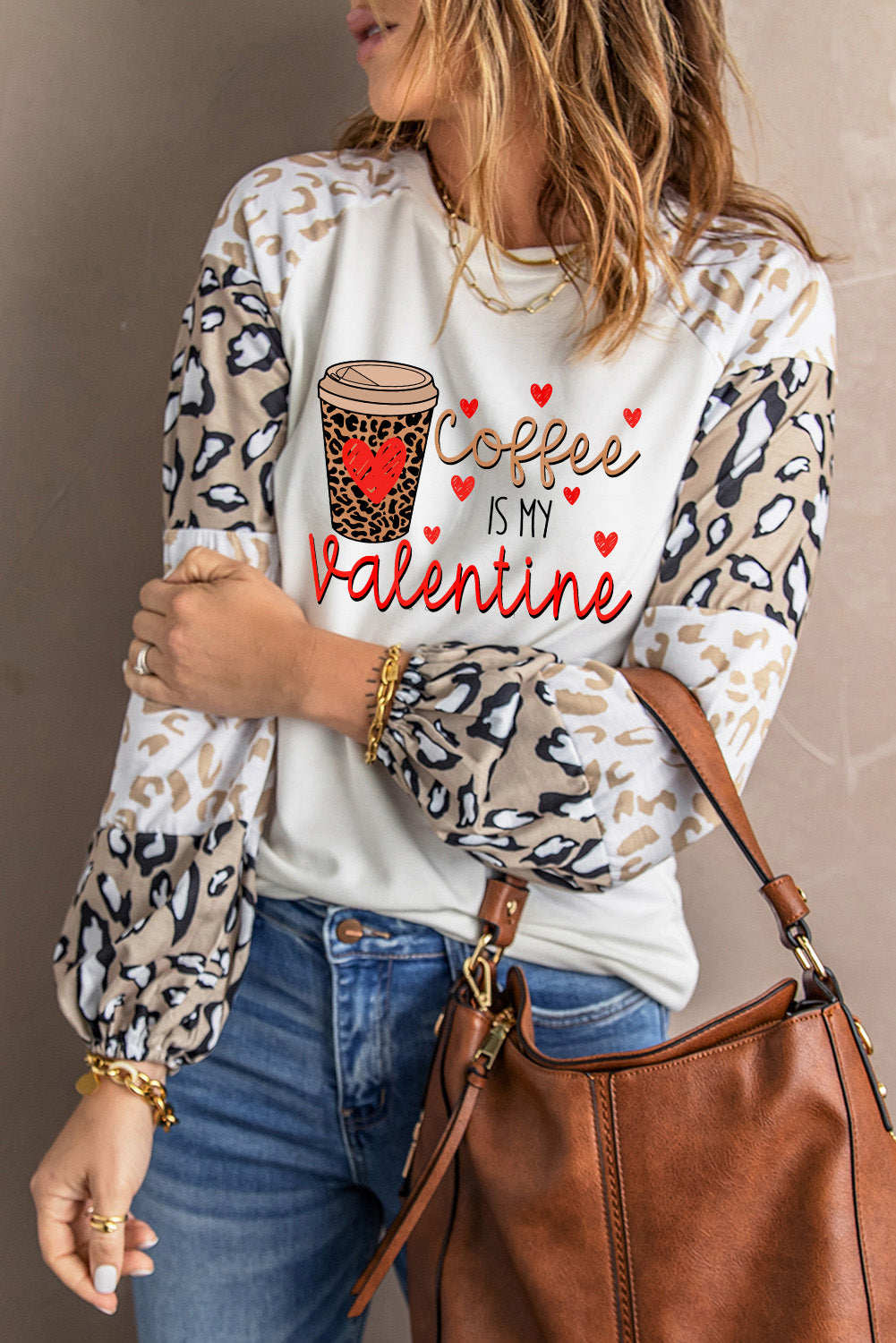 Coffee is My Valentine Graphic Print Leopard Long Sleeve Sweatshirt Graphic Sweatshirts JT's Designer Fashion