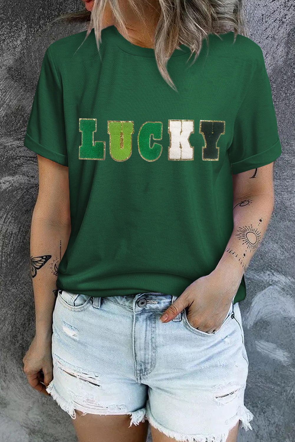 Green LUCKY Glitter Chenille Patched Crew Neck T Shirt Graphic Tees JT's Designer Fashion