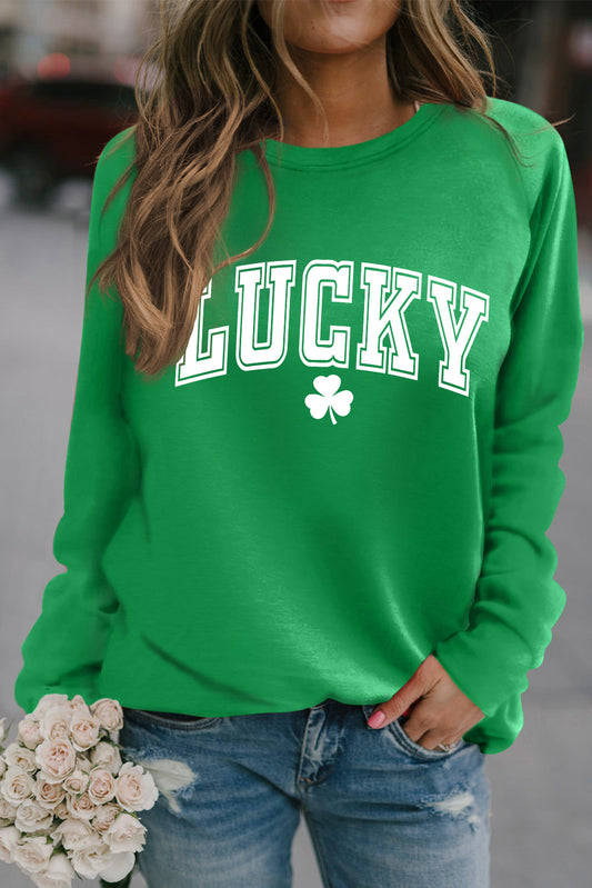 Green St. Patricks LUCKY Clover Print Raglan Sleeve Sweatshirt Green 85%Polyester+10%Cotton+5%Elastane Graphic Sweatshirts JT's Designer Fashion