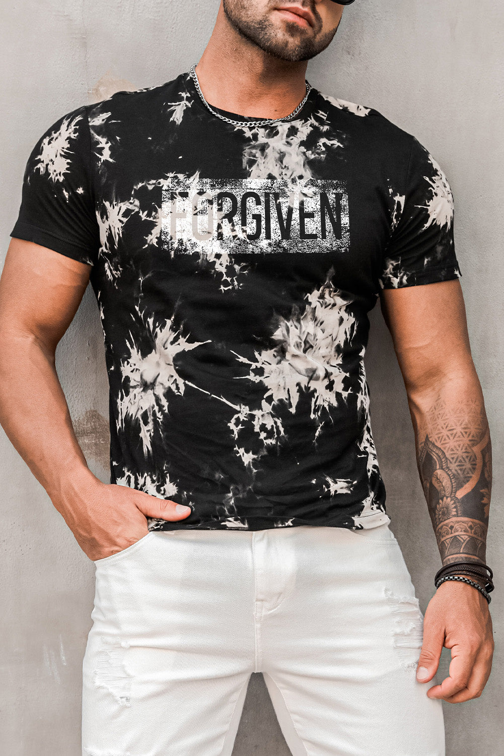 Black FORGIVEN Letter Tie Dye Print Short Sleeve Men's T-shirt Black 100%Cotton Men's Tops JT's Designer Fashion