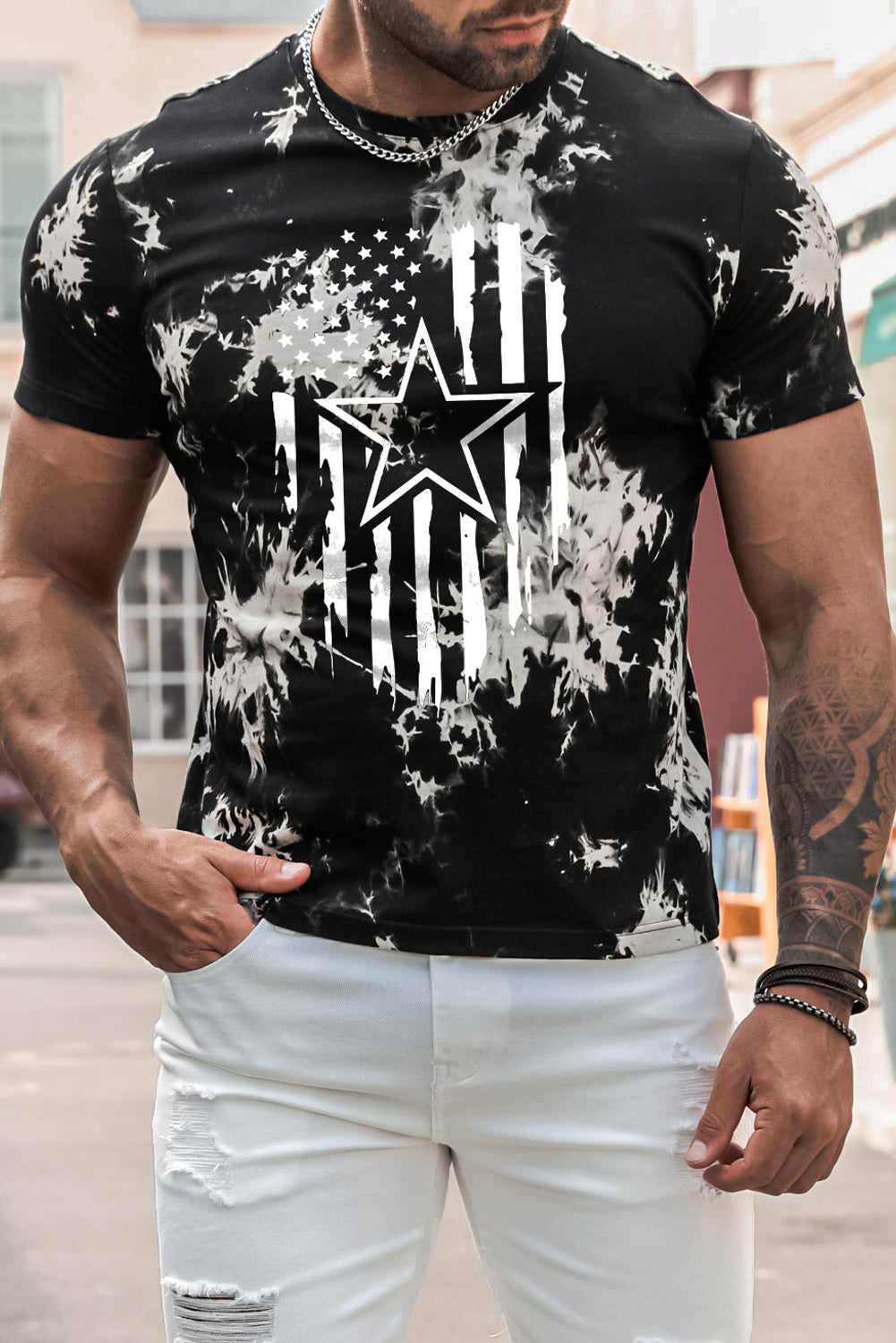 Black American Flag Star Tie Dyed Print Men's Graphic T-shirt Black 100%Cotton Men's Tops JT's Designer Fashion