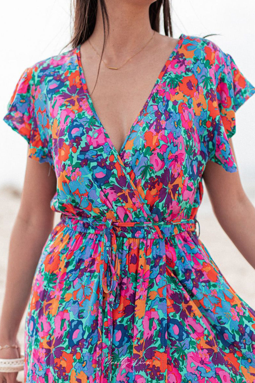 Green Boho Floral Surplice Ruffled Short Sleeve Split Maxi Dress Pre Order Plus Size JT's Designer Fashion