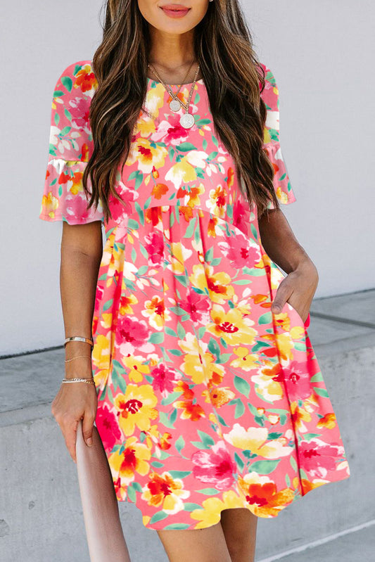Multicolour Floral Ruffled Sleeve Pocketed Flared Mini Dress Floral Dresses JT's Designer Fashion