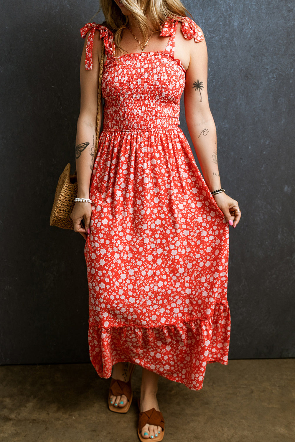Red Boho Floral Self Tie Straps Smocked Bodice Long Dress Pre Order Dresses JT's Designer Fashion