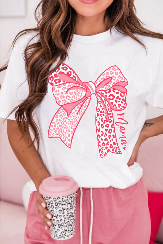 White Leopard Bow Graphic Mothers Day Fashion T Shirt Graphic Tees JT's Designer Fashion