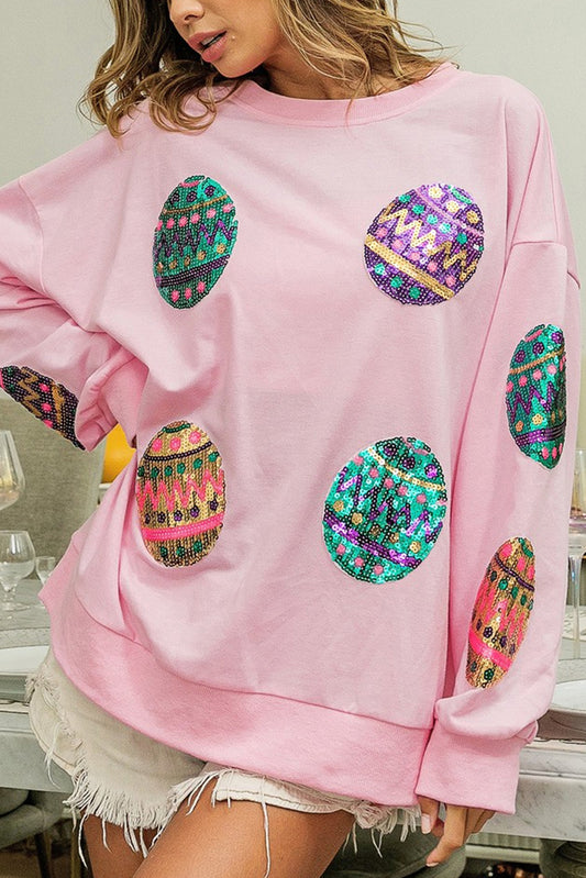 Pink Sequined Easter Egg Drop Shoulder Oversized Sweatshirt Sweatshirts & Hoodies JT's Designer Fashion