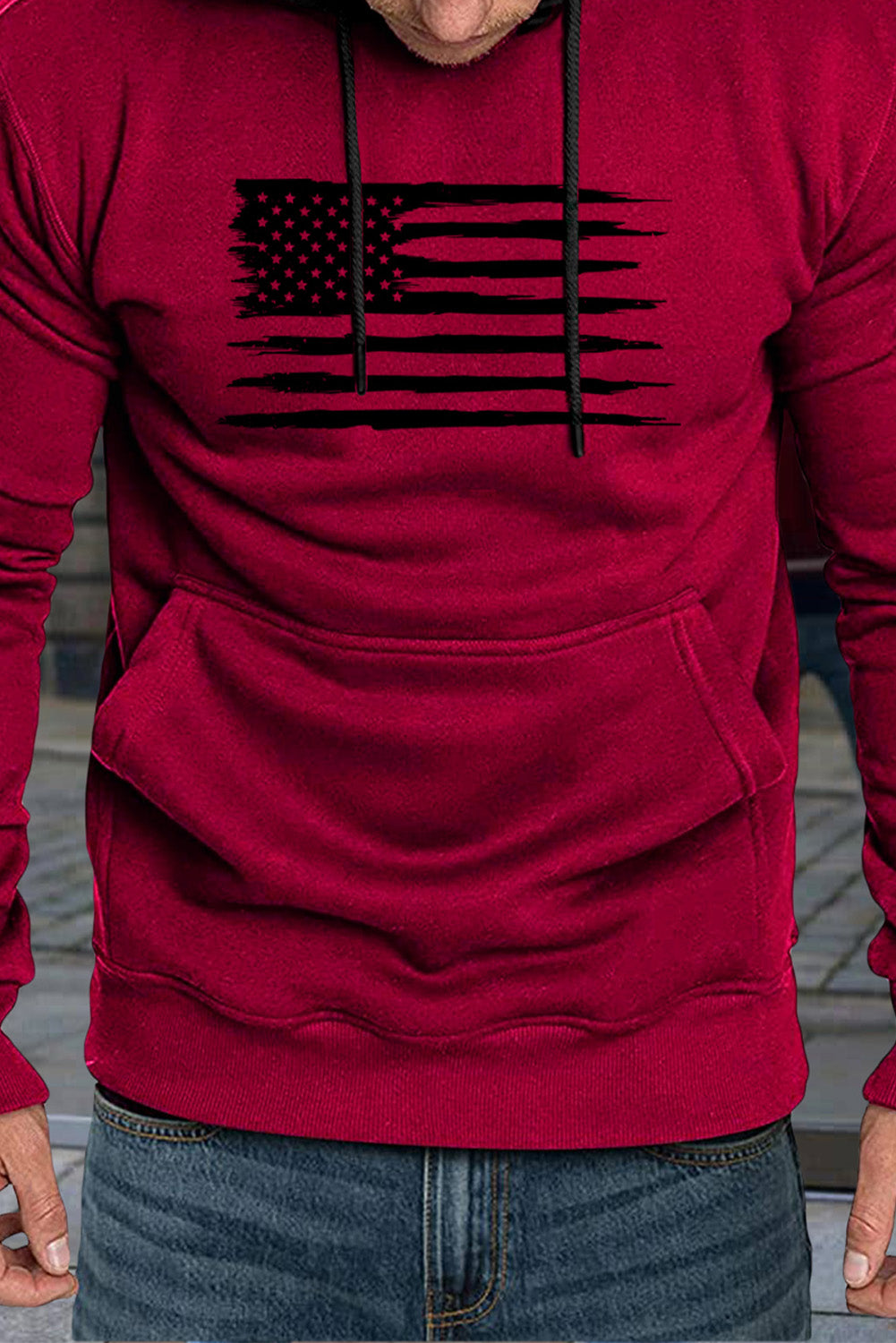 Burgundy American Flag Print Pocketed Men's Pullover Hoodie Men's Tops JT's Designer Fashion