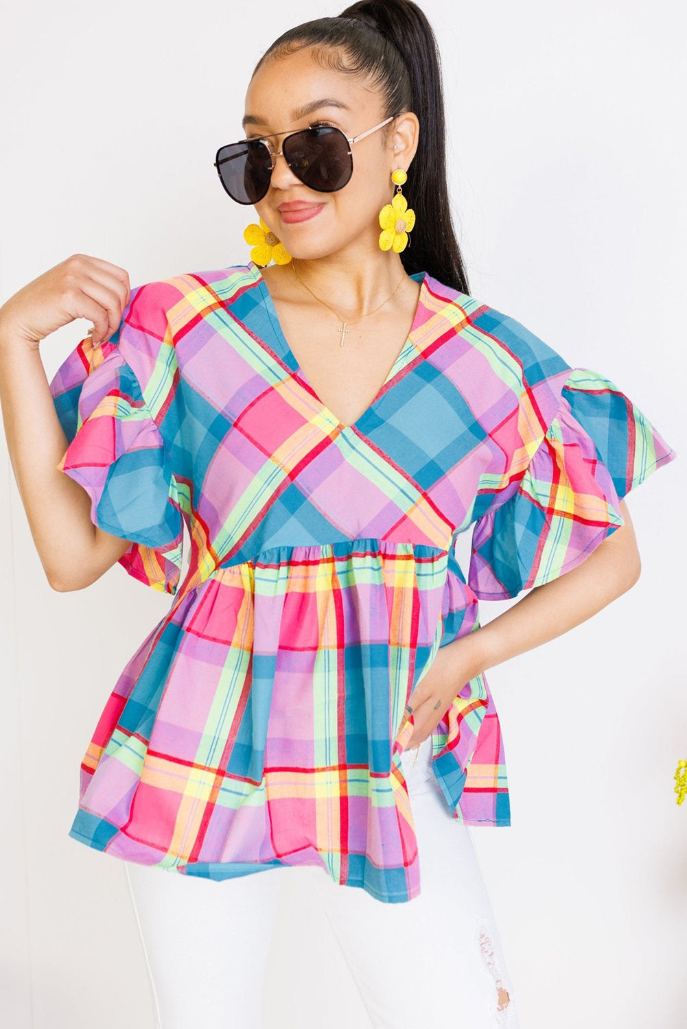Multicolour Plus Size Plaid Print Ruffled Sleeve Babydoll Blouse Pre Order Plus Size JT's Designer Fashion