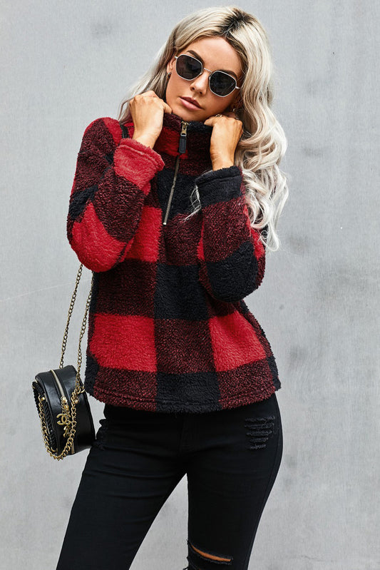 Red Checkered Half Zip Pullover Sweatshirts & Hoodies JT's Designer Fashion