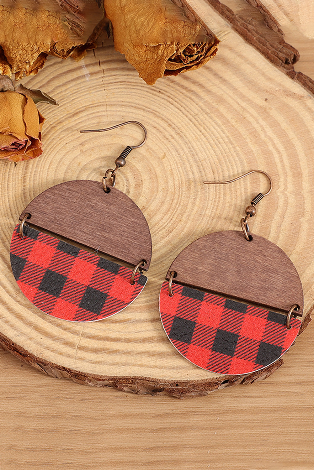 Red Christmas Plaid and Wood Earrings Jewelry JT's Designer Fashion