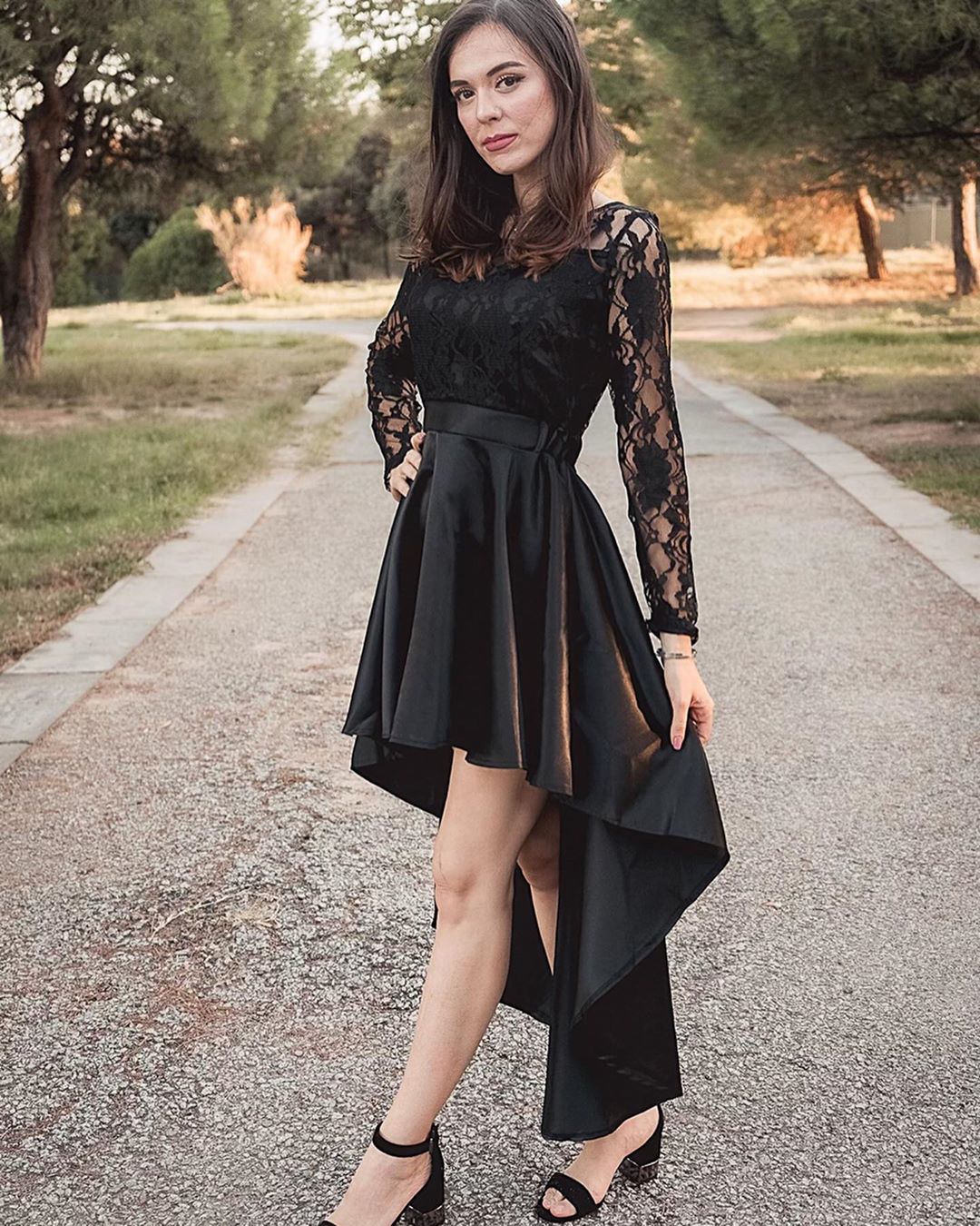 Black Long Sleeve Lace High Low Satin Prom Dress Evening Dresses JT's Designer Fashion