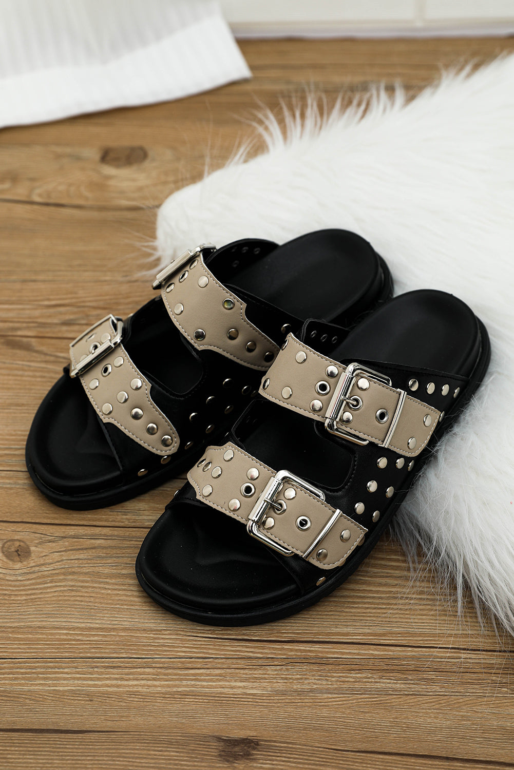 Black Retro Buckle Rivet Detail 2-tone Patched Slippers Slippers JT's Designer Fashion